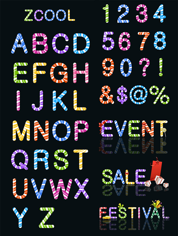 彩色糖果英文字母及数字矢量素材 