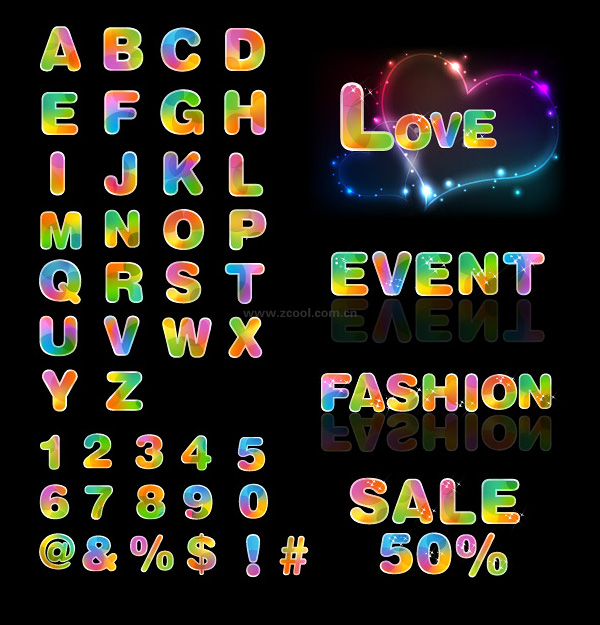 梦幻缤纷英文字母及数字矢量素材