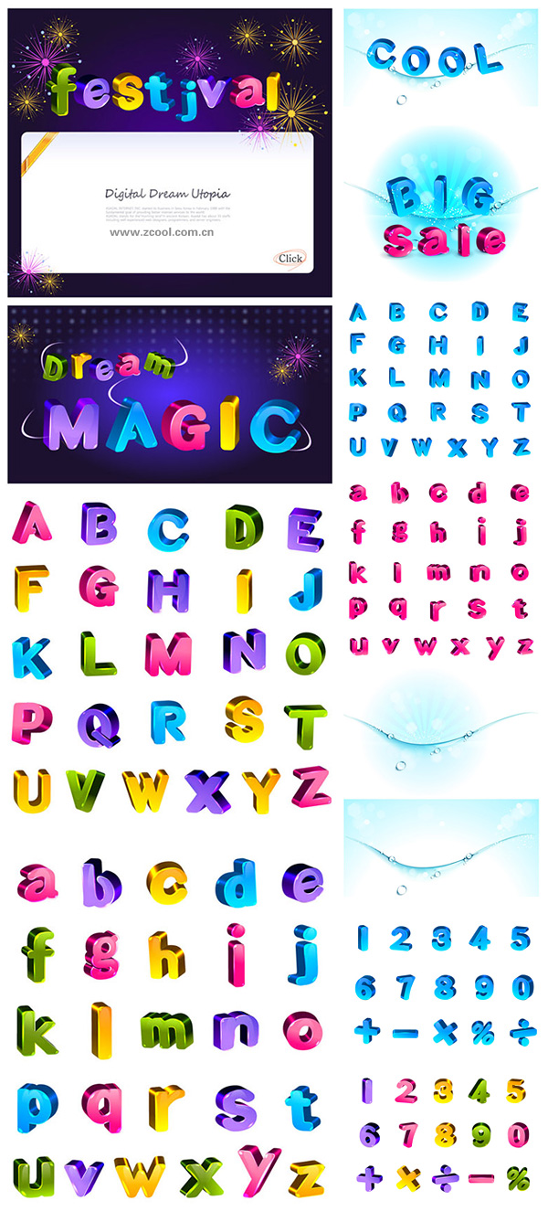 可爱彩色立体字母和数字矢量素材