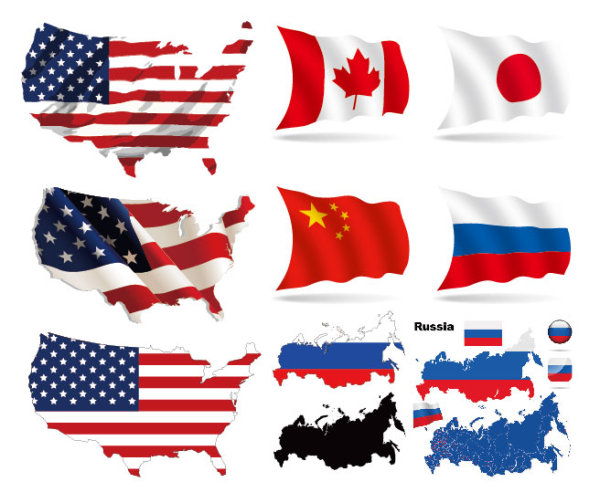 几个国家的国旗地图矢量素材