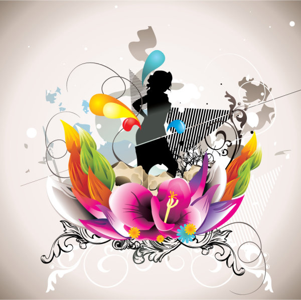 时尚花纹与美女05——矢量素材