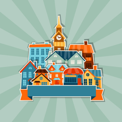 Fun Cartoon building icon background vector material